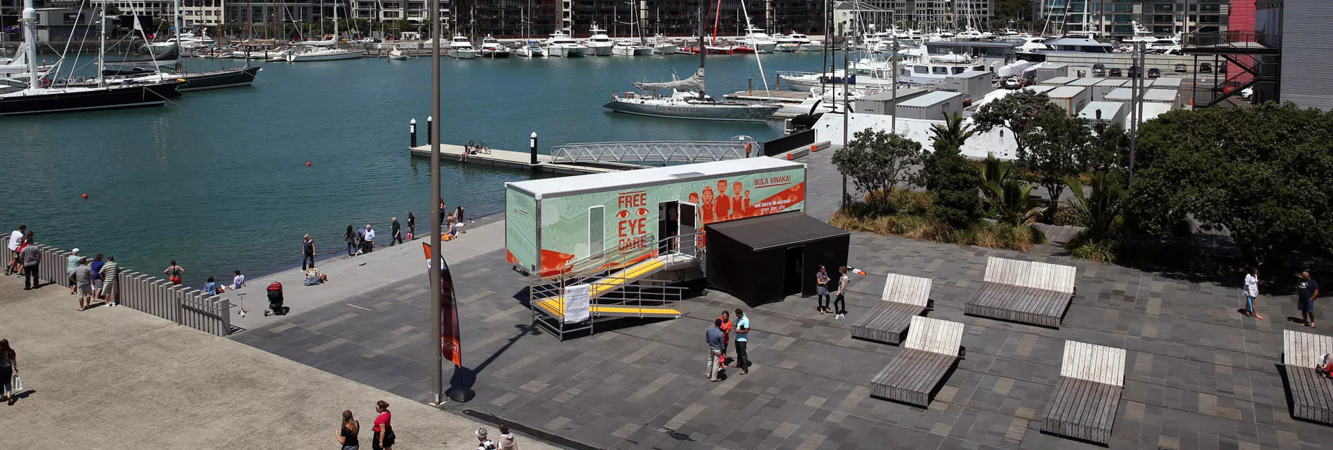 Aerial view the of the Mobile Eye Clinic at the Auckland waterfront